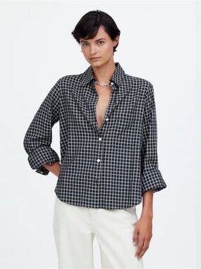 Madewell Easy Y-Neck Button Up Shirt in Deep Indigo Plaid Size Large